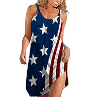 Women's 4th of July USA Flag Print Midi Slip Dress 2024 Summer Casual Beach Dress Plus Size Elegant Flowy Dresses