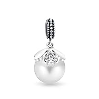 Flower White Simulated Pearl Dangle Spacer Bead Charm For Women Teen Oxidized .925 Sterling Silver Fits European Bracelet