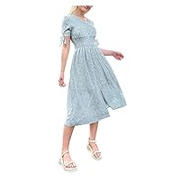 Summer Dress for Women Allover Print Shirred Knot Cuff Split Hem A-Line Midi Dresses