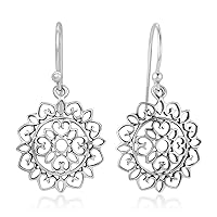 925 Sterling Silver Open Filigree Mandala Heart Lotus Flower Dangle Hook Earrings 1.18