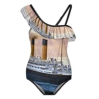 Retro Titanic Famous Old Historic Girl's Swimsuit One Piece Ruffle Bathing Suit Swimwear Beachwear