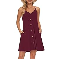 WNEEDU Women's Summer Spaghetti Strap Button Down V Neck Casual Beach Cover Up Dress with Pockets (L, Wine Red)