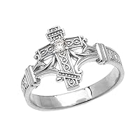 WHITE GOLD SOLITAIRE CUBIC ZIRCONIA ORTHODOX CROSS WITH ENCRYPTED RUSSIAN PRAYER ELEGANT RING - Gold Purity:: 10K, Ring Size:: 8.25