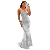 Sequin Prom Dresses Long for Women Spaghetti Straps Party Gowns and Evening Dresses