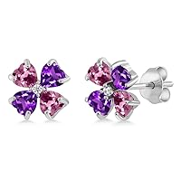 Gem Stone King 925 Sterling Silver Pink Tourmaline and Purple Amethyst Earrings For Women | 1.75 Cttw | Gemstone October Birthstone | Heart Shape 4MM