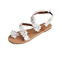 Womens Slide Sandal Ladies Casual Vintage White Ring Toe Floral Flat Sandals Beach Shoes