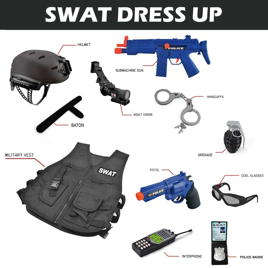 Liberty Imports Kids S.W.A.T. Police Officer Costume Deluxe Dress Up Role Play Set with Helmet, Night Vision Monocular, Guns, Accessories (12 Pcs)