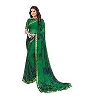 Green Bollywood Designer Indian Woman Chiffon Saree Blouse Attached Banarasi Border Hit Trendy Soft Cocktail Sari 2483