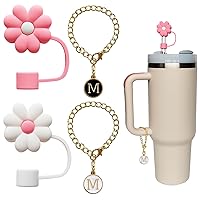 2PCS Straw Cover for Stanley Cup 30&40 Oz 10mm Flower Silicone Straw Topper Protector Lid with 2PCS Initial Personalized Letter Charm Stanley Cup Accessories (2PCS Letter M+2PCS Flowers)