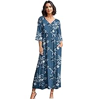 Women's 3 Quarter Sleeve V-Neck Empire Waist Maxi Dress with Pockets Floral Blue and Black