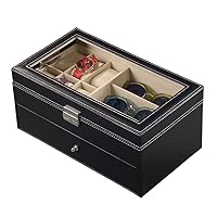 Jewellery Watch Box 2 Layer Leather Storage Display case Watches Jewellery, Cufflink Organizer with Lock and Top Glass(Black)