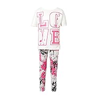 FEESHOW Kids Girls Short Sleeves Letters Print T-shirt with Floral Stretchy Athletic Leggings Pants for Dance Yoga