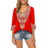 AK Women's Embroidered Tops 3/4 Sleeve Traditional Mexican Shirts for Women V Neck Peasant Tunic Blouses