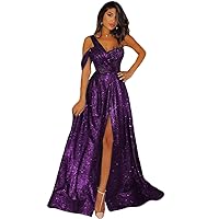 Women's Sequin Prom Dress Split Glitter Sparkle One Shoulder Long Party Formal Elegant Dress with Applique