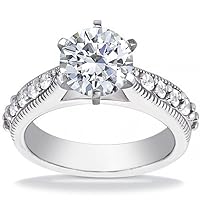 1.00 ct Round Cut Diamond Engagement Ring Whit Millgrain on The Shank in Platinum