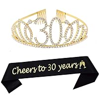 30th Birthday Tiara and Sash Happy 30th Birthday Party Supplies Cheers to 30 Years Black Glitter Satin Sash and Crystal Tiara Princess Birthday Crown for Women 30th Birthday Party Decoration
