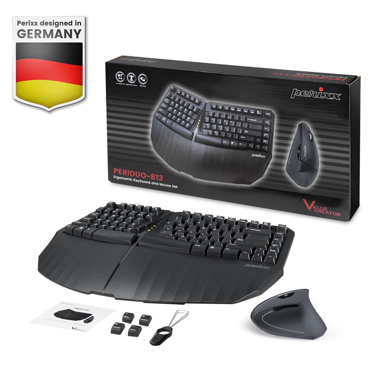 Perixx PERIDUO-813B US, Wireless Ergonomic Compact Keyboard & Vertical Mouse - Bundle with a 6-Button Ergonomic Vertical Mouse - Black - US English