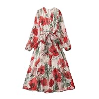 Summer Floral Print Chiffon Women's Dress Bohemian Vacation Long Sleeve Midi Dresses Elegant Beach
