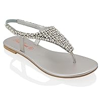 Womens Flat Sandals Sparkly Crystal Rhinestones Pearl T-Strap Flip Flops