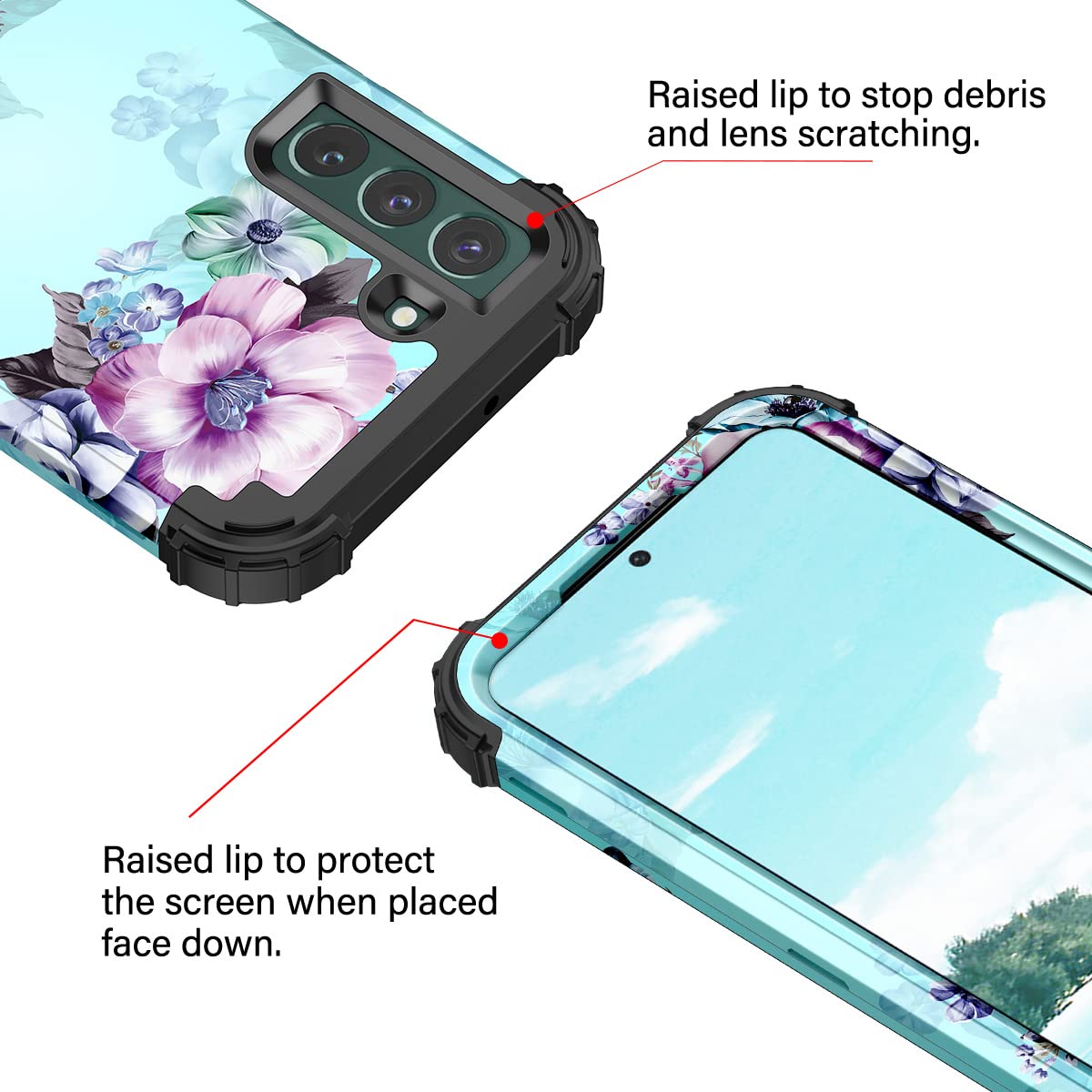 Casetego Compatible with Galaxy S22 5G Case,Floral Three Layer Heavy Duty Sturdy Shockproof Full Body Protective Cover Case for Samsung Galaxy S22 5G,Blue Flower