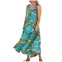 Women Sun Dresses Sleeveless Dress for Women 2024 Marble Print Fashion Loose Fit Casual Trendy U Neck Dresses with Pockets Green Large