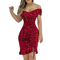 Women's Sequin Off Shoulder Dress Ruched Bodycon Pencil Dress Sexy Elegant Sparkle Glitter Cocktail Party Clubwear