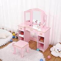 Girls' Vanity Table and Stool Set, Kids Makeup Dressing Table with Wood Makeup Playset Toy, Kids Vanity Set with Mirror & Drawer for Age 4-9, Pink