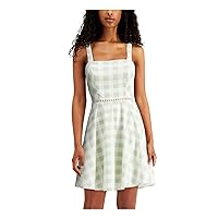 Womens Green Zippered Bow Detail at Back Plaid Sleeveless Square Neck Short Fit + Flare Dress Juniors 11