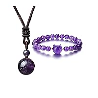 Jovivi Bundle of Amethyst Healing Crystal Ball Pendant Necklace & Amethyst Cat Crystal Beaded Bracelet for Women Men Lucky Protection