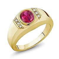Gem Stone King Men's 18K Yellow Gold Plated Silver Red Created Ruby and White Created Sapphire Ring (1.56 Cttw, Available In Size 9, 10, 11, 12, 13)