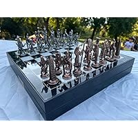 Personalized Chess Set for Adults Large Antique Cleopatra Pharaoh Chess Pieces Hand Carved Weighted Chessmen Wooden Chess Board with Storage, Gift Idea for Dad, Husband (Bronze - Silver)