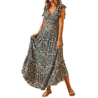 Dokotoo Women's Boho Dress Deep V Neck 2 Piece Skirt Sets Ruffle Cap Sleeve Tie Waist Wrap Chiffon Flowy Maxi Dresses