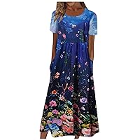 Maxi Dress for Women Boho/Flag Print Short Sleeve Casual Round Neck Long Pleated Dress with Side Pockets