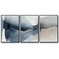Abstract Wall Art Grey Blue Shapes on White Background Painting Modern Artwork Home Décor Black 3 Pieces of Framed Canvas Prints Wall Decorations for Bathroom and Kitchen 16x24 Inch LS010