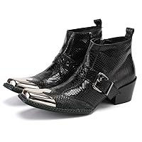 Mens Boots Dress BlackLeather Fashion Buckle Casual Square Toe Metal Tip Ankle Zipper Boot