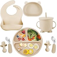 Silicone Baby Feeding Set, Baby Led Weaning Supplies 8 Pack with Suction Plate and Bowl, Self Feeding Spoons Forks Sippy Cup Adjustable Bib, Eating Utensils for 6+ Months - Beige