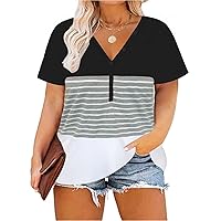 RITERA Womens Color Blcok Summer Short Sleeve Tee Shirts Casual Plus Size Flowy Tshirt Tops Black 3XL