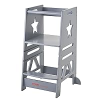 Bamboo Tower Step Stool for Kids and Toddlers, 3-Level Height Adjustable Bamboo Toddler Kitchen Step Stool, 350LBS Loading Tower Stool with Safety Rail for Kitchen Counter Bathroom, Gray