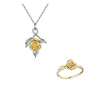 14K Gold Flower Ring and Rose Flower Necklace Jewelry Set Gift for Women, Girls