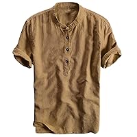 Linen Shirts for Men Short Sleeve Button Up Hippie Henley Tee Shirts Lightweight Collarless Casual Summer Beach T-Shirts