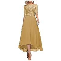 Tea Length Mother of The Bride Dresses for Wedding Lace Chiffon Formal Evening Party Gown with Sleeves