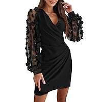 Ladies Solid Color Fashion Casual Dress V Neck Mesh Floral Print Long Sleeves Waist Wrap Dress Beautiful Simple Dresses