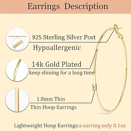 Cocadant Big Gold Hoop Earrings for Women Girls,Dainty 14k Gold Hypoallergenic Rose Gold Silver Hoop Earrings with 925 Sterling Silver Post,Stainless Steel Large Hoop Earrings