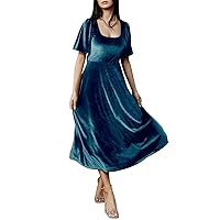 Maxianever Velvet Dark Blue Plus Size Maxi Dresses Long Bridesmaid Dress Women’s Formal Evening Cocktail Gowns Short Puffy Sleeves US20W