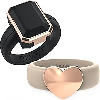 Rinfit Silicone Rings for Her - Rubber Wedding Bands - Black Emerald & Nude Heart - Metal Rose Gold - Size 9