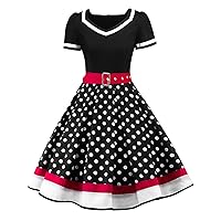 Nihsatin Women's Audrey Hepburn Vintage Style Rockabilly Swing Dress Surplice Neck Short Sleeve Polka Dots Dress with Belt