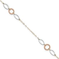 Solid Gold 14k Tri-color Circle and Oval 9in Plus 1in ext. Anklet - 9