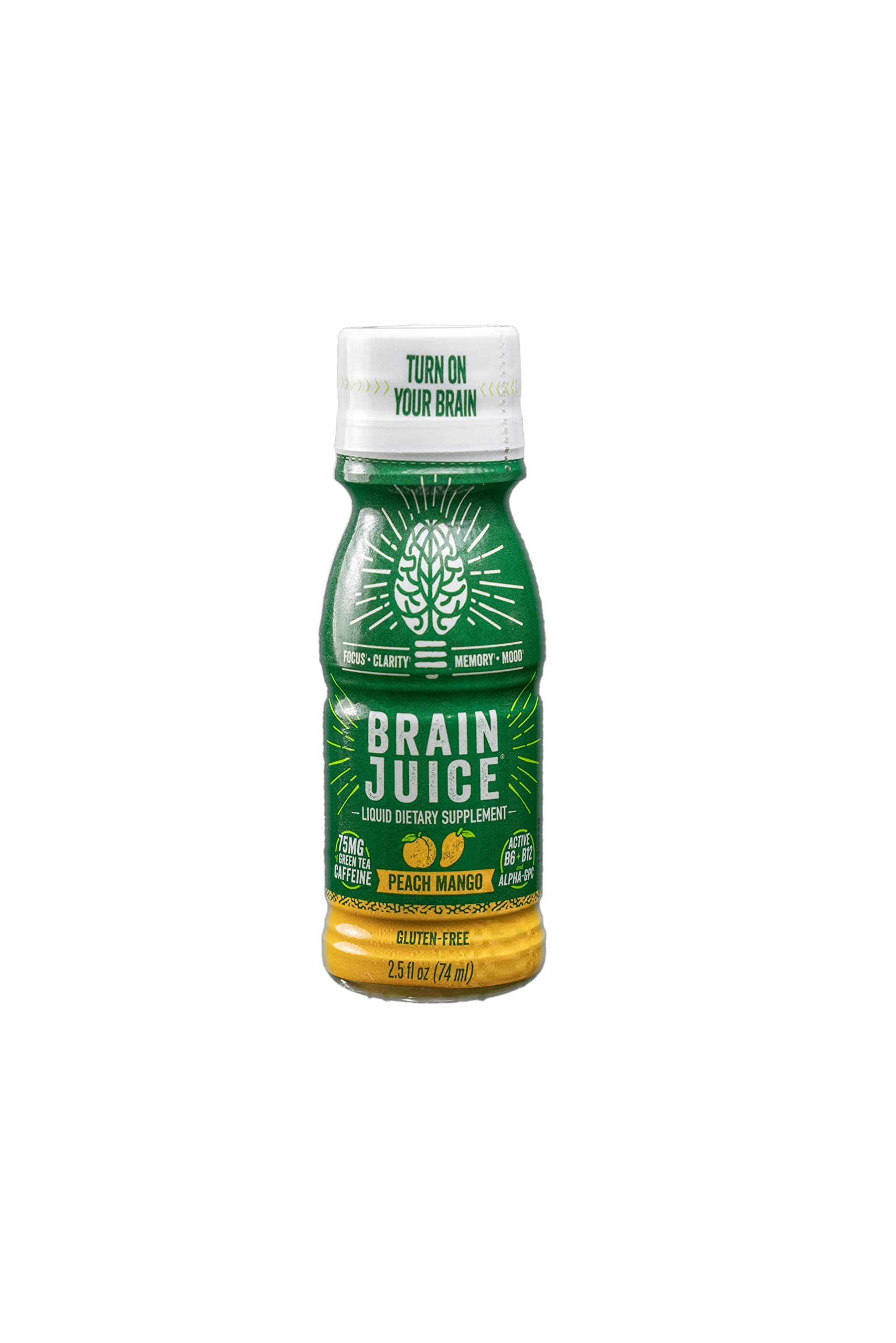 BrainJuice Brain Booster Shot, Original Peach Mango | Brain Support Supplement with Alpha GPC, B5, B6, B12 | Improved Energy, Memory, Focus, Clarity, & Mood | Gluten-Free, Non-GMO | 2.5 fl oz, 12 Pack