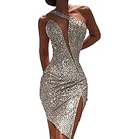 Women Sexy Glitter Bodycon Dress One Shoulder Sequin Cocktail Mini Club Dresses High Split Cutout Elegant Dress