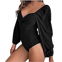 Womens Twist V Neck Bodysuit Long Lantern Sleeve Body Suit Pullover Tops Solid Casual Sexy Catsuit Dressy Outfits